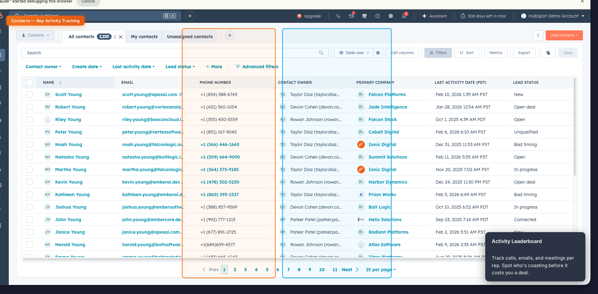HubSpot contacts view showing rep activity tracking with calls emails and meetings