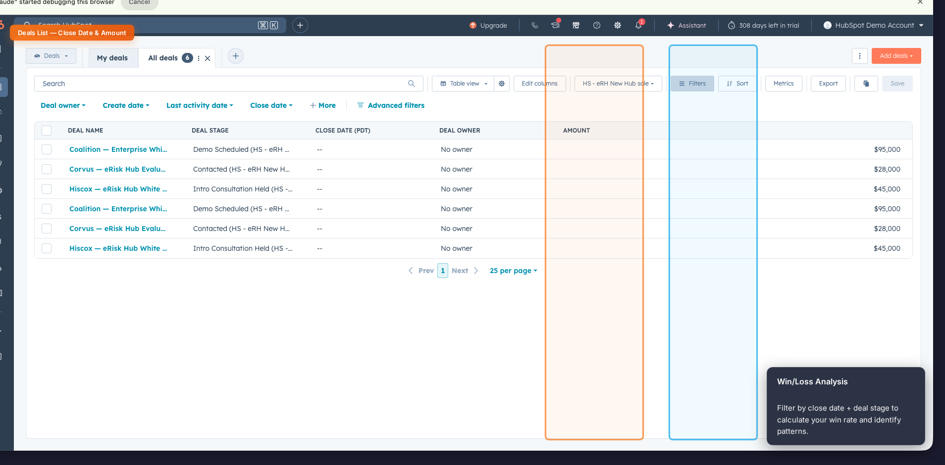 HubSpot deals list filtered by close date and deal amount for win-loss analysis
