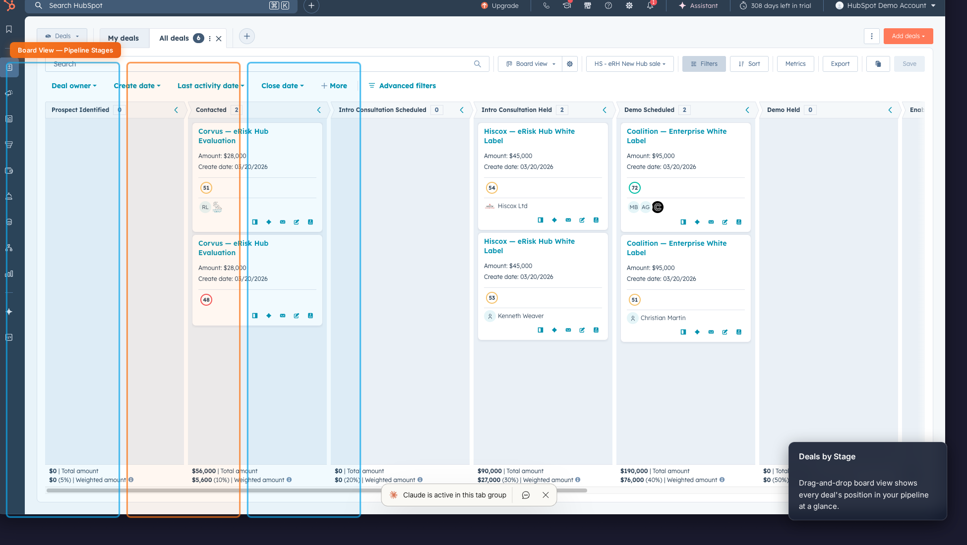 HubSpot deals pipeline board view showing deals organized by stage