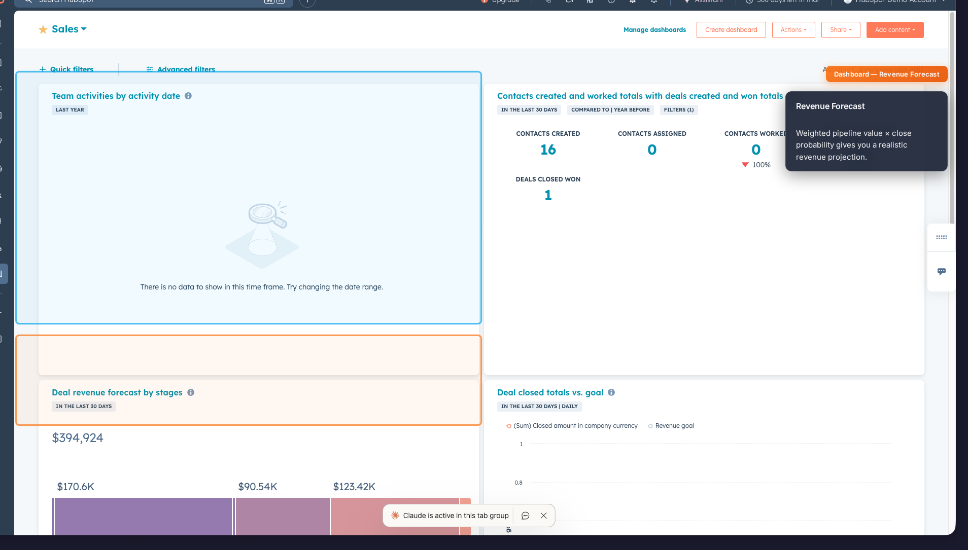 HubSpot dashboard showing revenue forecast with pipeline value and projections