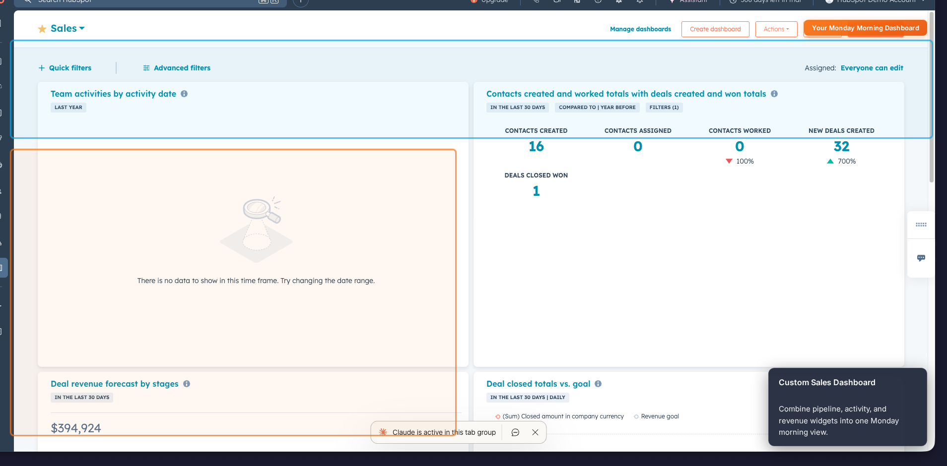 Custom HubSpot sales dashboard combining KPIs and pipeline charts in one view